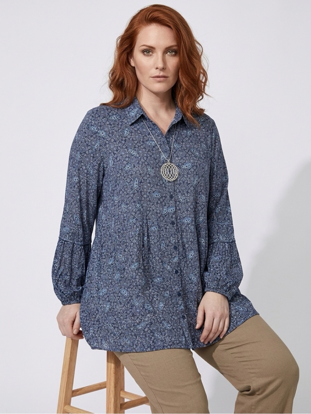 Style & Co Blouse Button Down Blue Heritage Pattern Size XL